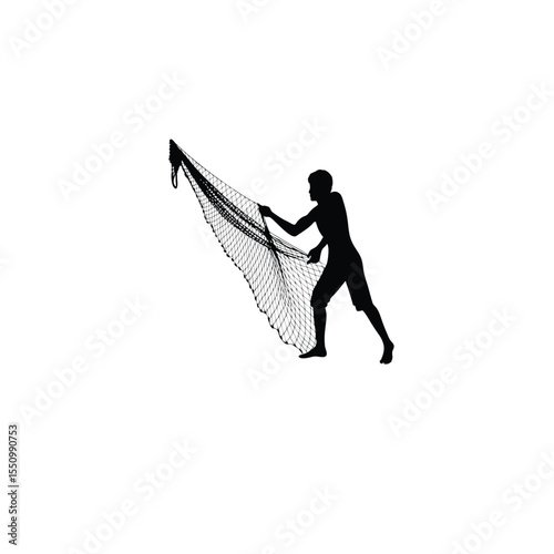 Silhouette of a fisher repairing nets near the shore on white background