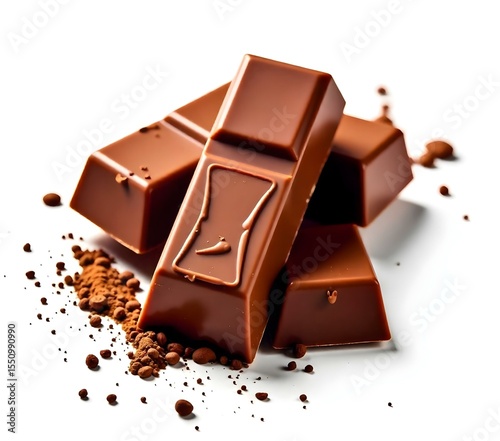 Chocolate bars with a chocolate splash on a white background
