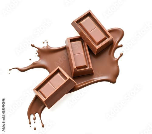 Chocolate bars with a chocolate splash on a white background
