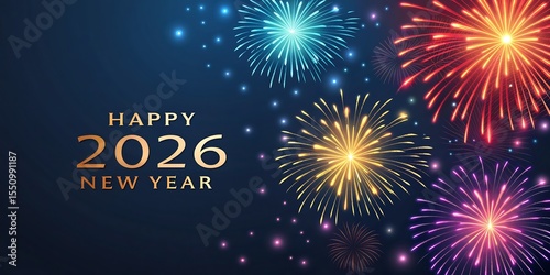 Happy New Year 2026 Celebration with Colorful Fireworks on Dark Background
