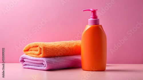Pink Cleanser Bottle with Orange and Purple Washcloths on Pink Background