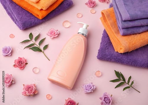Pink Cleanser Bottle with Orange and Purple Washcloths on Pink Background
