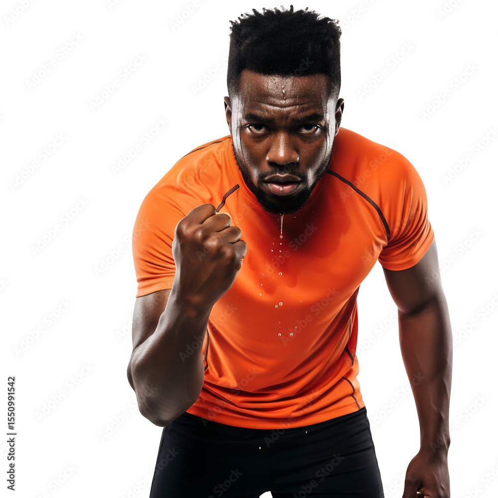 Fototapeta premium Man in orange shirt with clenched fist looking determined pose on transparent background