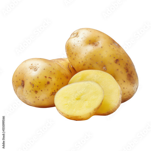 Three whole and sliced potatoes, light yellow skin, pale yellow flesh