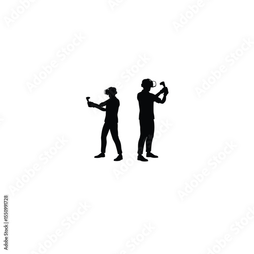 Silhouette of a gamer immersed in a VR game on white background