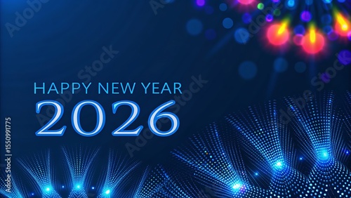 2026 Happy New Year Blue Celebration Background with Snowflake and Fireworks