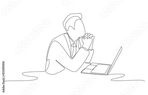 Continuous one line drawing of businessman resting his chin on clasped hands and looking up in hope his project will succeed in front of laptop, single line art