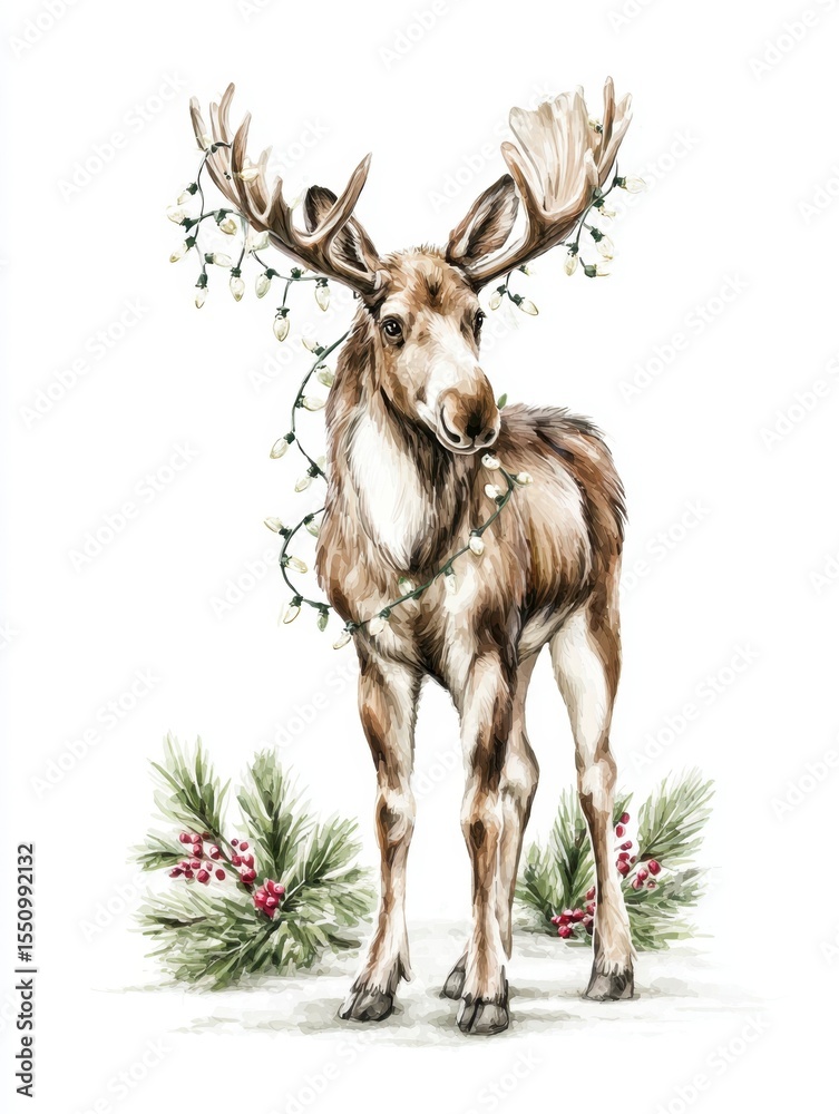 Obraz premium Merry Christmas moose with antlers wrapped in lights for festive t-shirt design featuring Queen Design text below