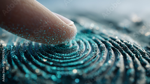 a close-up view of a fingertip touching a glowing fingerprint, highlighting the intricacies of biometric technology. This image represents security and personal identification.