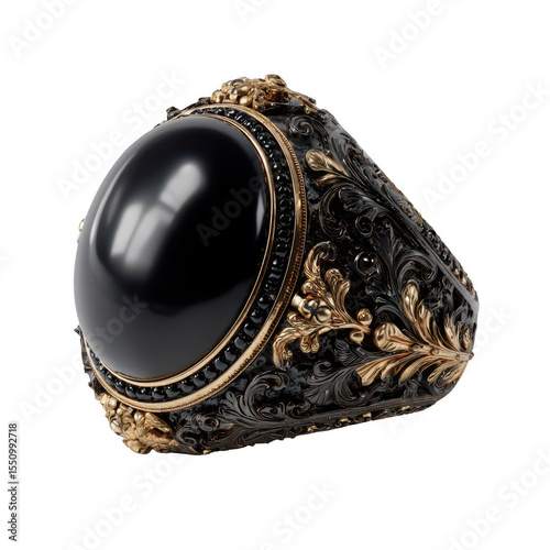 Large, black gemstone ring with gold filigree