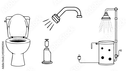 . Smart Shower and Eco Faucet Line Icons – UI Elements for Smart Homes
  bathroom equipment set