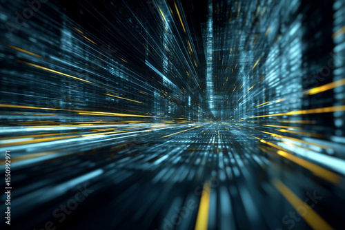 A computer generated image of a city street with a blue sky and yellow lines