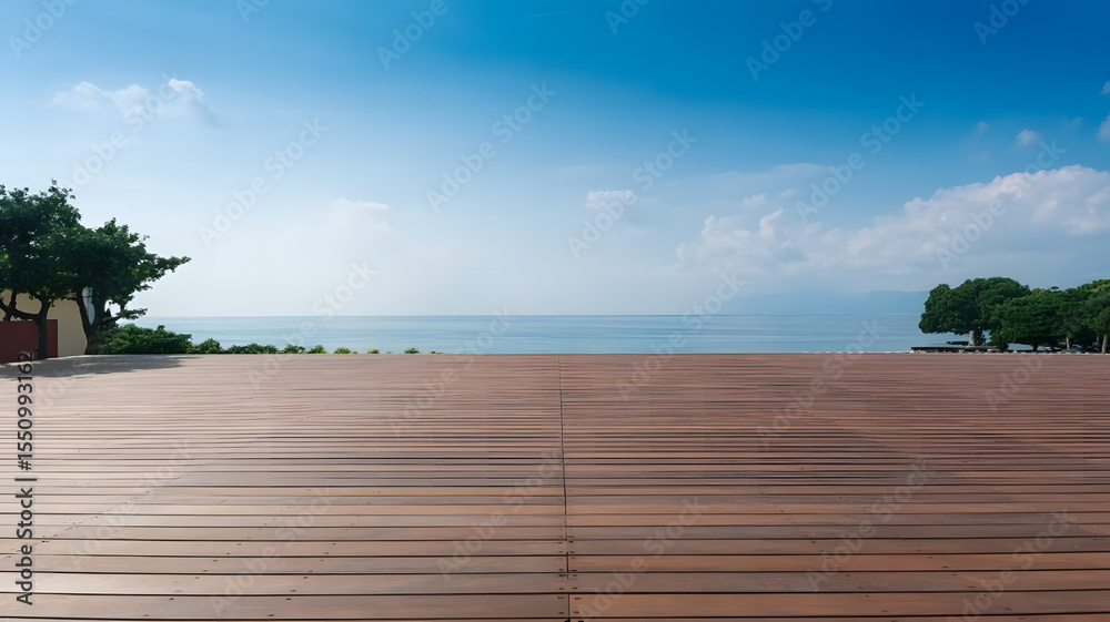 Obraz premium Tranquil Ocean View from a Wooden Deck Under a Clear Blue Sky