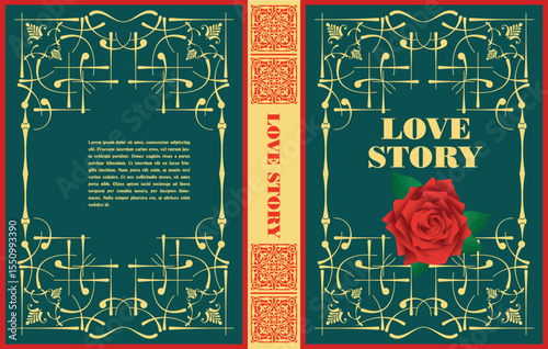 029-36-Book cover design featuring the title love story, a red rose, and an ornate gold frame on a teal background. Hand drawn illustration