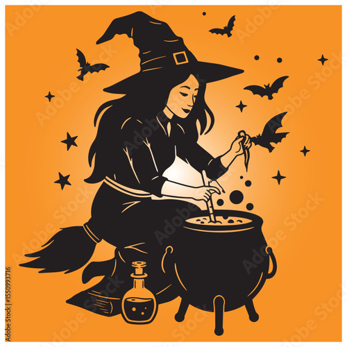 A silhouette witch with cauldron brewing potion with bats and stars against orange background