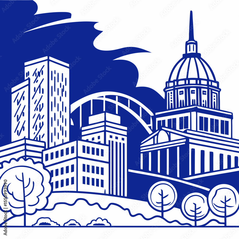 Fototapeta premium Memphis skyline silhouette in flat bold vector style for city prints
