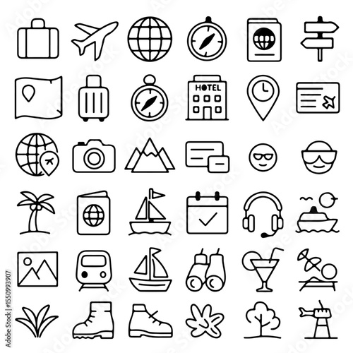 Travel icons set, including airplane, globe, suitcase, compass, map, hotel, location pin, passport, palm tree, camera, mountains, sailboat, calendar, headphones, cruise ship, binoculars, cocktail.