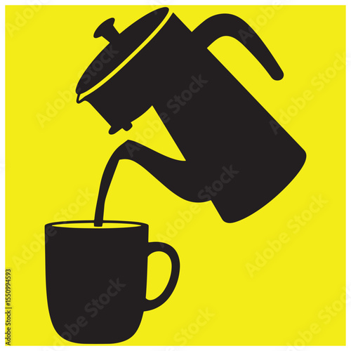 Black silhouette of coffee pot pouring coffee into a coffee mug on yellow background