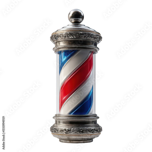 Vintage barber pole, silver base, red, white, and blue stripes