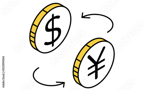 ドルと円の通貨交換のシンプルな線画アイコン（アイソメトリックイラスト）