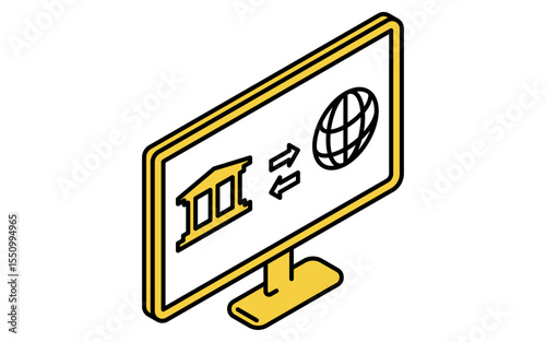 インターネットバンキングで外貨送金する画面のシンプルな線画アイコン（アイソメトリックイラスト）