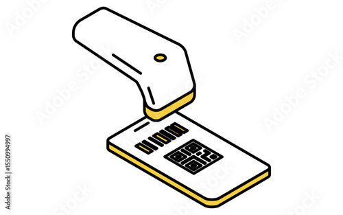 QRコード決済するスマホとバーコードリーダーのシンプルな線画アイコン（アイソメトリックイラスト）