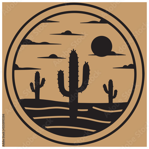 Desert cactus landscape silhouette inside circular frame with sun and clouds in a western style