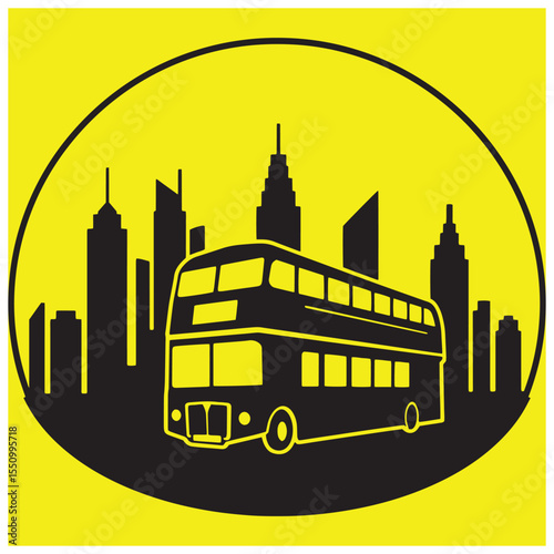 Double decker bus and city skyline silhouette within a yellow circle emblem vector illustration