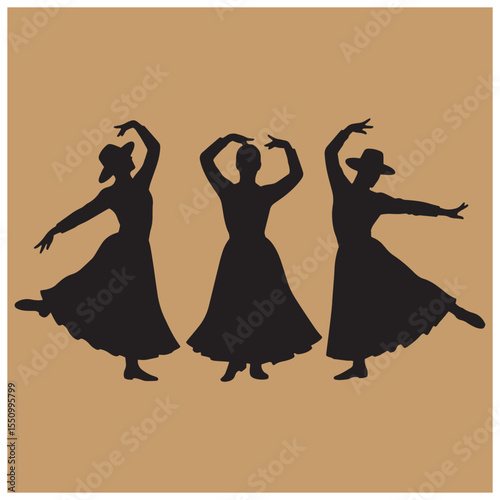 Elegant silhouettes of three women dancing in a graceful traditional style