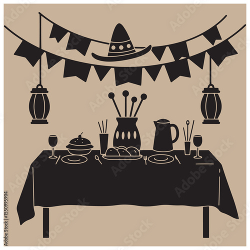 Festive mexican dinner table illustration with sombrero flags lanterns and food ready for celebration