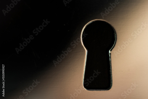 The image shows a close-up of a keyhole opening against a shiny metal surface, a classic keyhole with a round top and a rectangular bottom.