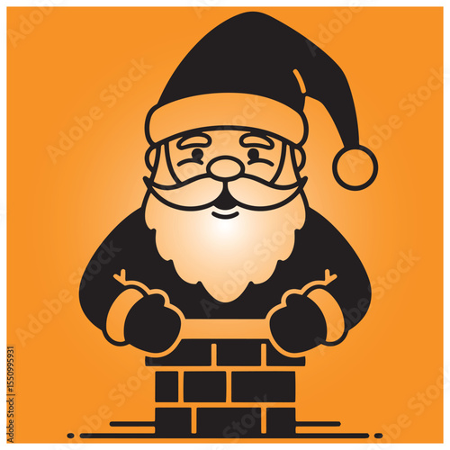 Festive santa claus cartoon figure emerging from a chimney against an orange background