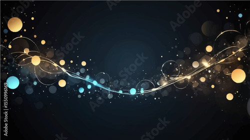Abstract glowing light background with bubbles and waves in bright blue and black colors