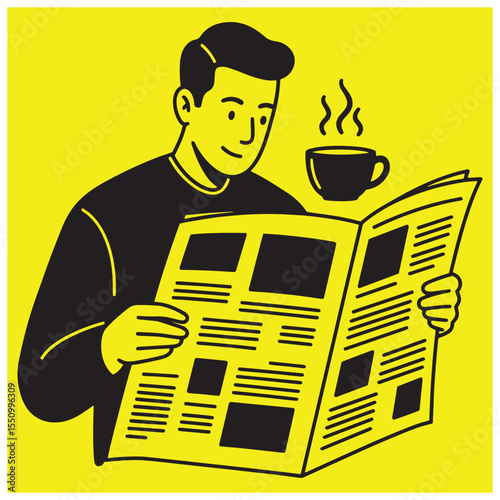 Illustrated man reading newspaper with coffee cup on yellow background vector graphic