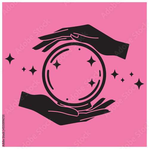 Mystical crystal ball between hands surrounded by sparkling stars on pink background