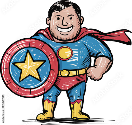 Smiling Cartoon Superhero with Star Shield and Red Cape vector illustration,Generative Ai