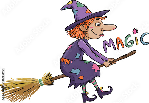 Happy Cartoon Witch Flying on Broom with Magic Word vector illustration,Generative Ai