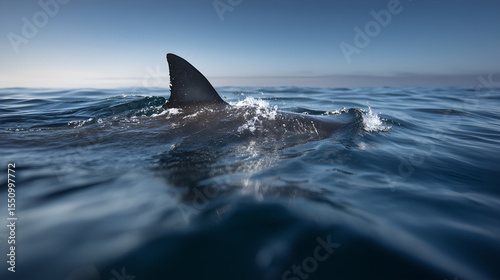 a shark fin piercing the ocean's surface, creating a sense of awe and the untamed beauty of the sea. The shot captures the shark fin, as the ocean stretches out towards the horizon