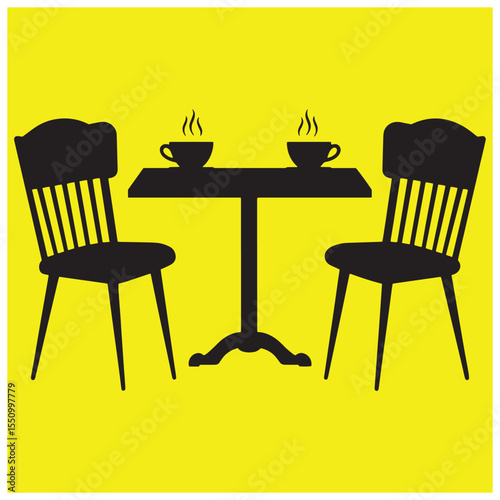 Silhouette of a cafe setting featuring chairs table and steaming coffee cups on yellow background