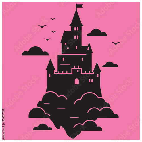 Silhouette of a dark castle floating amongst clouds and birds on a pink background