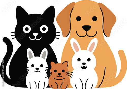 Cute Group of Cartoon Pets Including Cat, Dog, Rabbits and Hamster vector illustration,Generative Ai