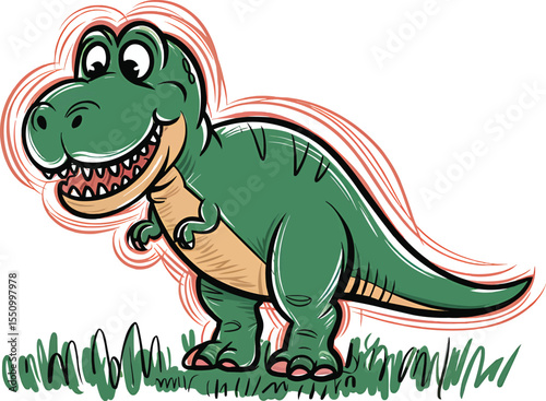 Happy Cartoon Dinosaur Standing on Grass with Red Outline vector illustration,Generative Ai