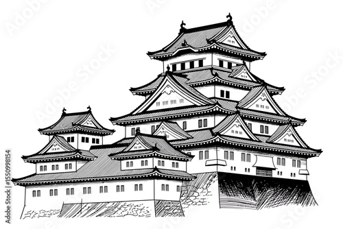 Majestic Japanese Castle Illustration Intricate Design and Architectural Detail