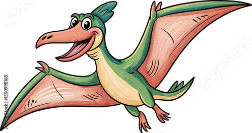 Smiling Cartoon Pterodactyl Dinosaur Flying with Open Wings vector illustration,Generative Ai