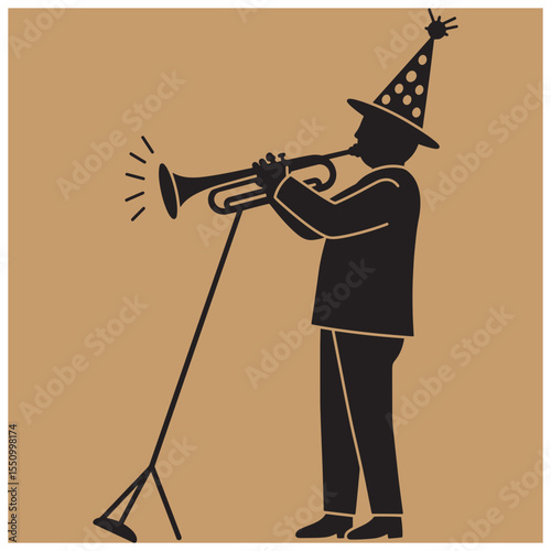 Silhouette of a musician playing trumpet wearing a party hat with a musical celebration vibe