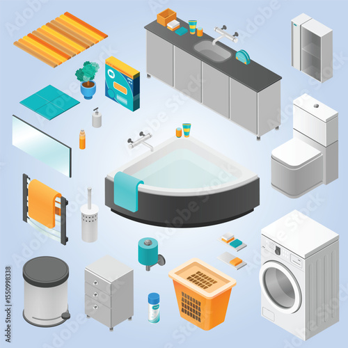 Bathroom interior isometric set comfort vanity scandinavian renovation element nobody 3d sink remodel real estate new tiled brick wall