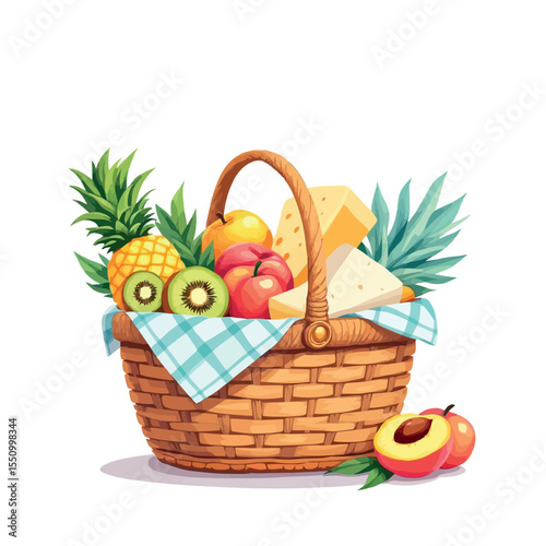 Vsai wicker picnic basket overflowing with fresh fruit, cheese, and tropical delights