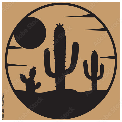 Silhouette of cacti landscape in a desert scene within a circle frame in minimalist style