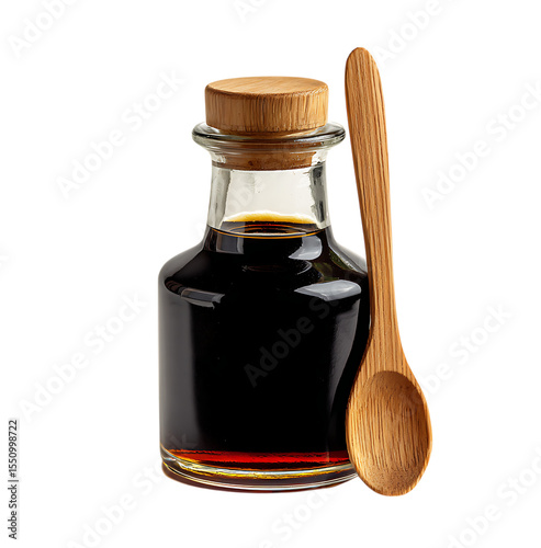 A glass bottle of soy sauce with a wooden spoon and green tea leaves on the side against a transparent background.