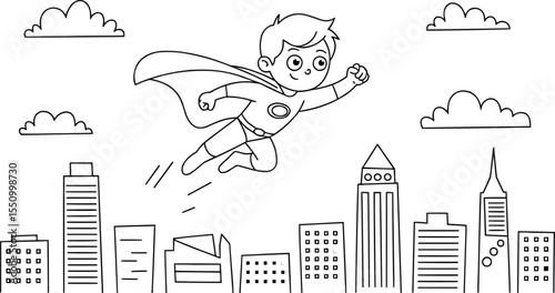 Outline Style Superhero Flying Over Buildings vector illustration,Generative Ai